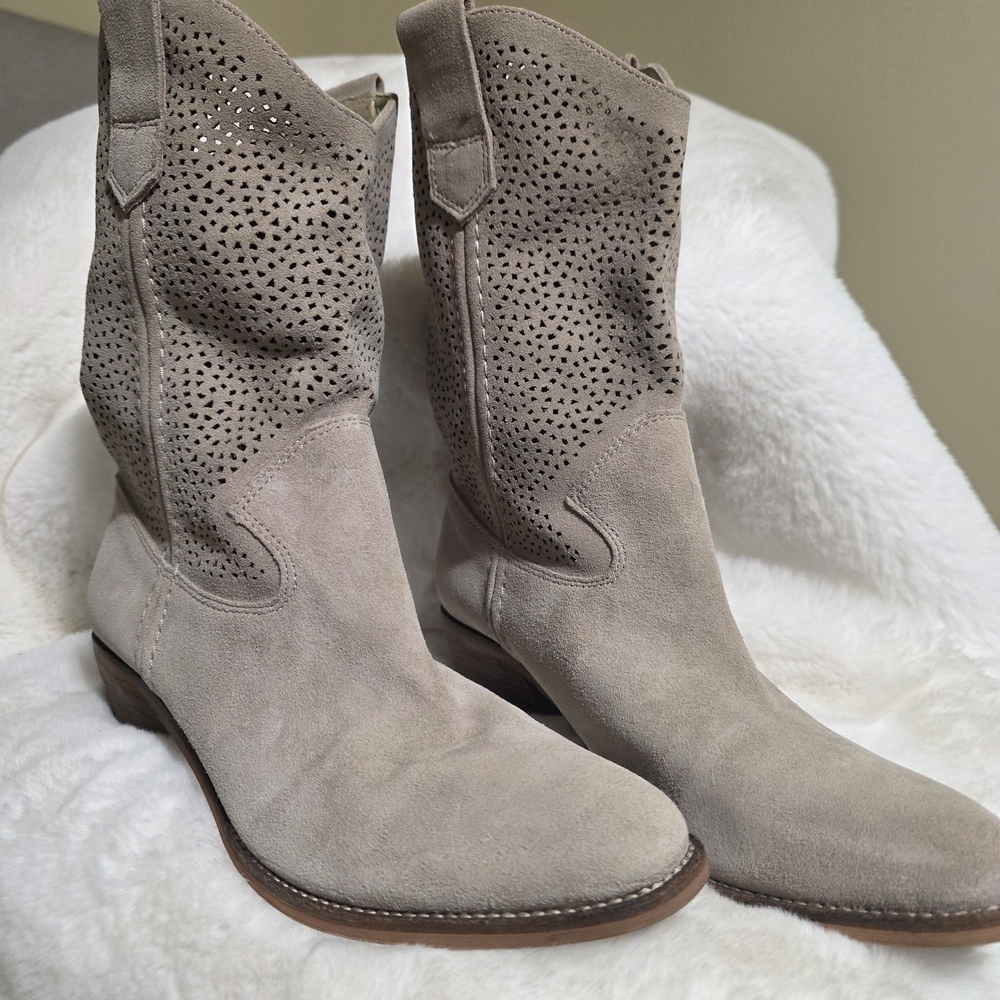 BCBG Perforated Suede Ankle Boots - Taupe